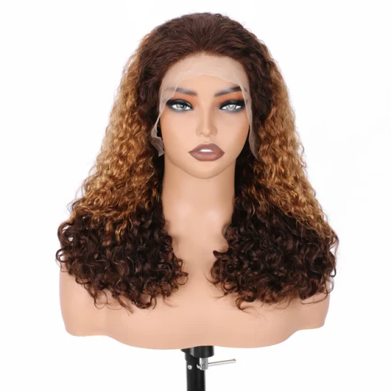 New Super Double Drawn Pixie Curly T4/27/4 Honey Blonde 13x4 Lace Frontal Human Hair Wig